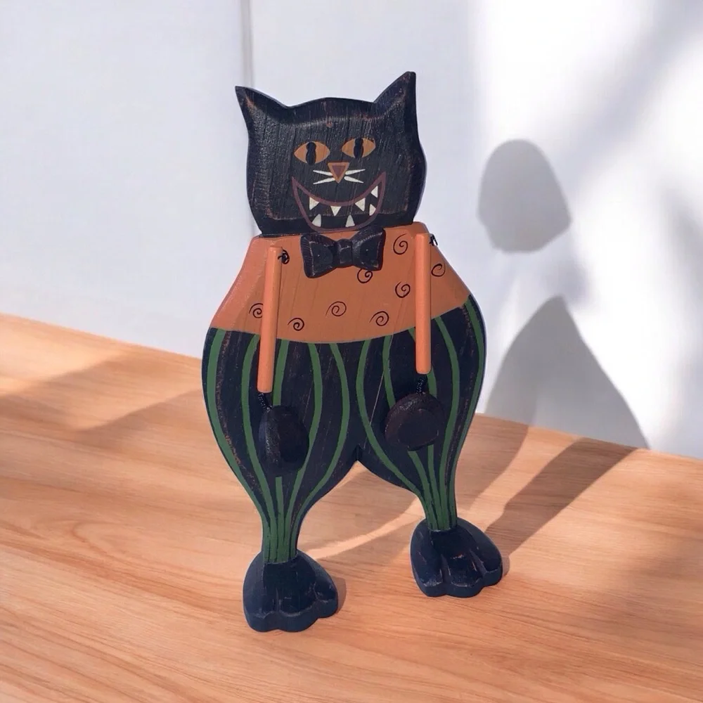 Halloween Wood Folk Art Cat Figurine NEW